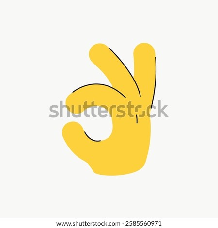 Illustration of a yellow hand making an OK gesture. The OK hand sign is shown with fingers forming a circle. Simple, bold design of OK hand symbol. Vector isolated on white.