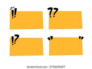 Ilustração do conjunto de caixas de texto amarelo desenhado à mão, balão de fala com ponto de interrogação, elementos de forma de ponto de exclamação e aspas para o conceito de aspas.