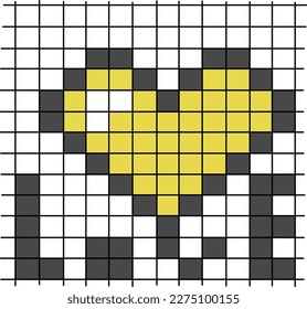 Illustration of a yellow heart shape in 8-bit style on a white checkered background