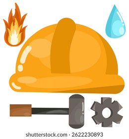 illustration of a yellow helmet for safety work with fire, water, and impact elements