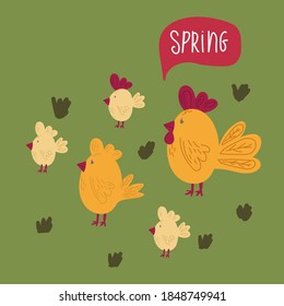 Illustration of yellow hens and Chicks in Spring. Cartoon background with cute animals. Doodle of festive Easter chickens with the inscription Spring. Happy spring holiday of Easter. Vector