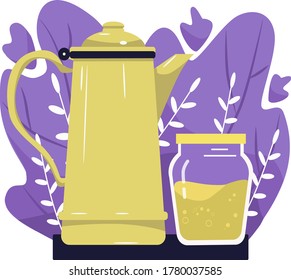illustration yellow kettle, vintage kettle, a jar of honey