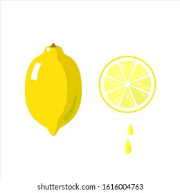 Illustration of a yellow lemon and a slice of lemon with drops of lemon juice in the flat style for recipes of dishes and drinks, as an ingredient, natural, healthy, dietary product