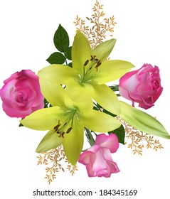 illustration with yellow lily and pink rose flowers isolated on white background