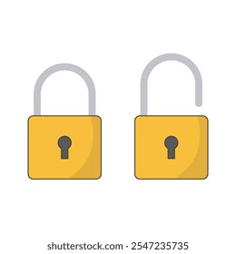 Ilustración del icono de candado amarillo. Cerradura abierta y cerradura desbloqueada profesionalmente en el fondo blanco