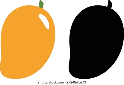 Eine Illustration einer gelben Mango mit einem grünen Stängel neben einer schwarzen Silhouette einer Mango auf weißem Hintergrund