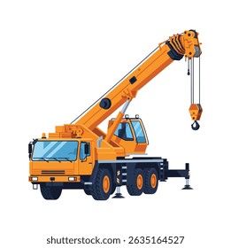 Illustration of a yellow mobile crane truck with extended boom and hook, isolated on white background, used in construction and heavy lifting.