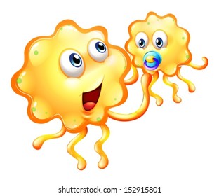 Ilustração de um monstro amarelo brincando com seu filho sobre um fundo branco