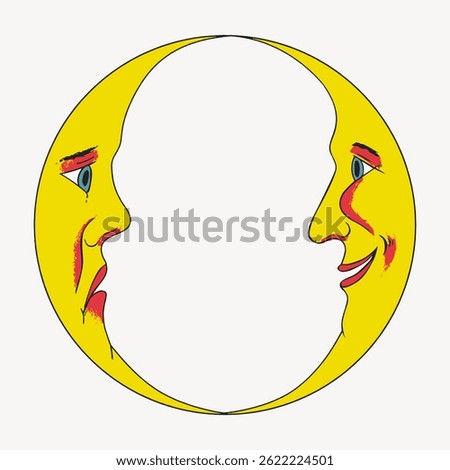 Illustration of a yellow moon with two faces, one smiling and one sad. The moon faces show contrasting emotions, with expressive eyes and red accents. Vintage illustration vector.