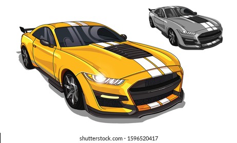 Illustration of yellow  mustang sport car with two strips on car hood . All illustrations are easy to use and highly customizable, logical layered to fit your needs. 