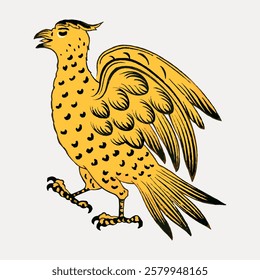 Illustration of a yellow, mythical bird with spotted wings and a crest. The bird stands with open wings, showcasing its unique spotted pattern and yellow color. Vintage bird illustration vector.