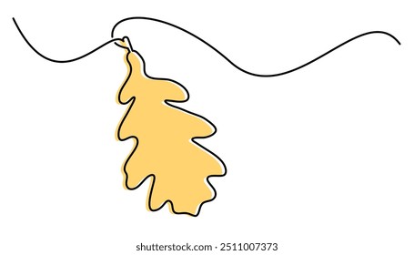 Illustration of a yellow oak leaf connected to a simple black flowing line, ideal for autumn-themed designs and minimalist projects.