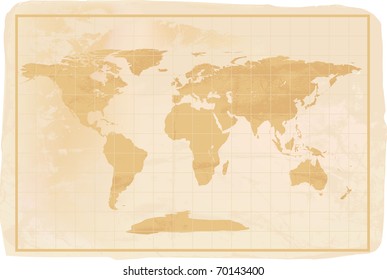 illustration of a yellow old vintage world map with creases and a little dirty