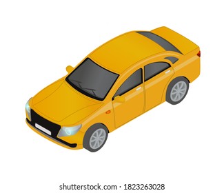 illustration yellow  orange car  sedan type car in isometric front view   in flat style  and highlights  gradient  and tinted windows