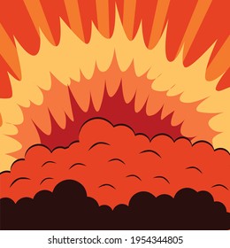 Illustration of yellow, orange and red graphic flames and clouds of smoke. vintage pop art and cartoon colour concept digitally generated image.