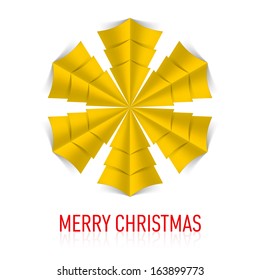 Illustration of yellow paper snowflake on white background. Christmas card.