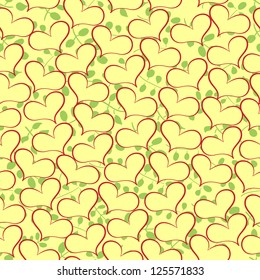 Illustration of yellow pattern with abstract shapes of leaves and hearts