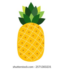 Illustration of yellow pineapple with a tough rind made of hexagonal units and sword-shaped, stiff leaves. Ananas comosus. Bromeliaceae.