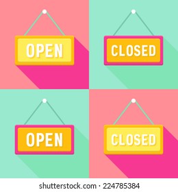 Illustration of Yellow Pink Cyan Open and Closed Signs Set