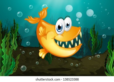 Illustration of a yellow piranha near the seaweeds