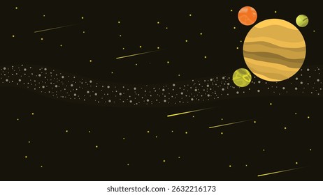 illustration of a yellow planet and dark outer space with a meteor shower