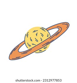 Illustration of yellow planet with orange ring in doodle style isolated on white