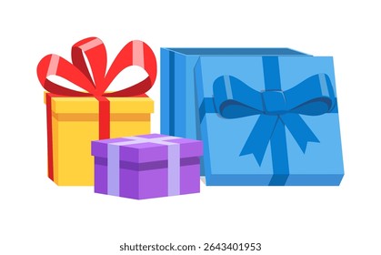 Illustration of Yellow, Purple, and Blue Gift Boxes with Bows on a White Background