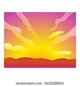 Ilustración de un atardecer amarillo y púrpura con nubes sobre colinas onduladas