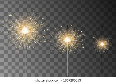 Illustration with yellow realistic sparkler on transparent background for celebration design. Happy new year background. Dark background. Light effect, golden light. White background.