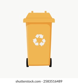 Illustration of a yellow recycling bin with a recycling symbol. The recycling bin is on wheels. Yellow bin used for recycling.