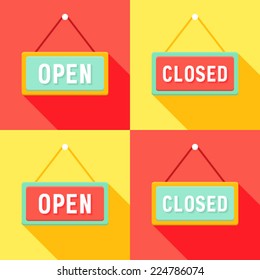 Illustration of Yellow Red Cyan Open and Closed Signs Set