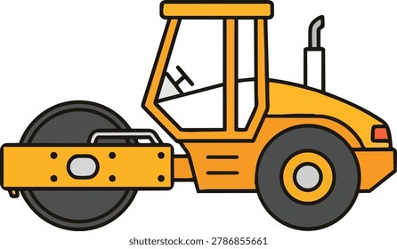Illustration of a yellow road roller, a construction vehicle used for compacting soil and asphalt.