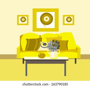 Illustration of a yellow room with a sofa
