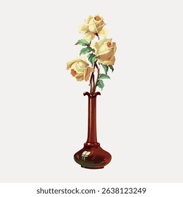 Illustration of yellow roses in a tall, elegant brown vase. The vase holds vibrant yellow roses, showcasing delicate petals and green leaves. Yellow roses in a vase. Vintage art illustration vector.