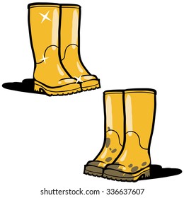 Illustration of the yellow rubber boots before and after work in garden on a white background