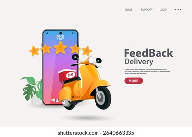 Illustration of a yellow scooter emerging from a smartphone screen with five stars above, symbolizing fast delivery service. Includes text "Feedback Delivery" and decorative elements like a plant.