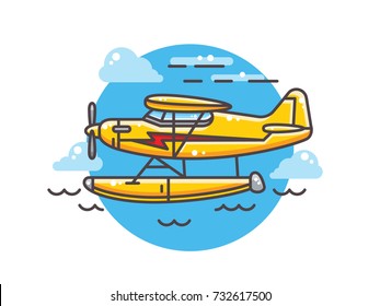illustration of a yellow screw aircraft. Flies in the sky