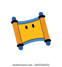 An illustration of a yellow scroll with blue trim and two black eyes.
