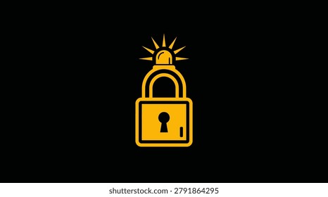 Illustration of a yellow security lock with an alarm signal on a black background