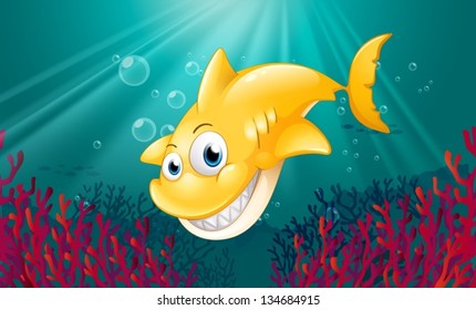 Illustration of a yellow shark smiling under the sea