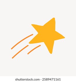 Illustration of a yellow shooting star with three trailing lines. The shooting star is bright and yellow, symbolizing wishes and dreams. Yellow star on white. Star element vector.