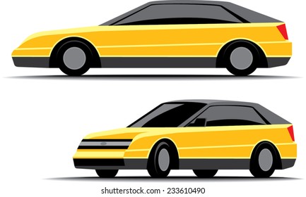 an illustration of yellow small car from side and front-to-side view