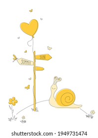Illustration with yellow snail in front of a road sign with balloon. Doodle image with summer smiling snail.