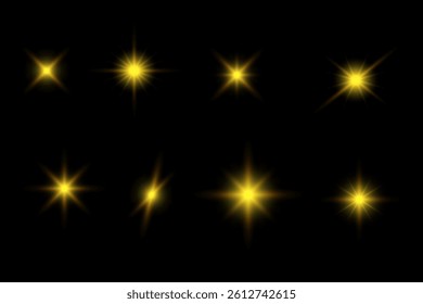 Illustration of yellow sparkling stars on a black background. For cosmic, magical, or festive designs, posters, invitations, or digital art. Sparkling stars, flickering and flashing lights effect.
