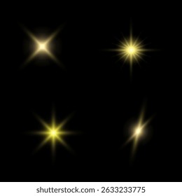 Illustration of yellow sparkling stars on a black background. For cosmic, magical, or festive designs, posters, invitations, or digital art. Sparkling stars, flickering and flashing lights effect.