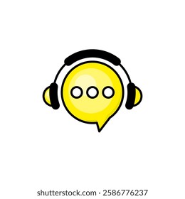 Illustration of a yellow speech bubble featuring three dots and adorned with headphones, symbolizing communication and podcast topics.