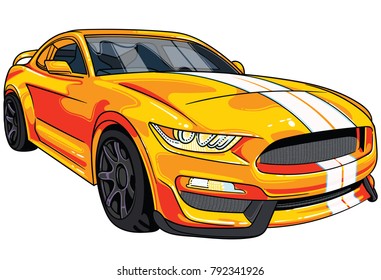 Ilustración del coche deportivo amarillo Mustang con dos tiras blancas en el capuchón. Todas las ilustraciones son fáciles de usar y altamente personalizables, con capas lógicas que se ajustan a sus necesidades.