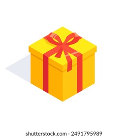 Illustration of yellow square gift box with red bow. Gift box for birthday, holiday, event.