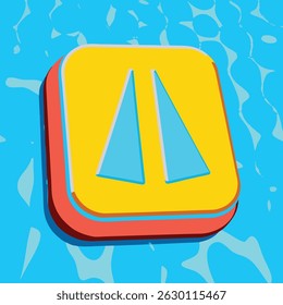 Ilustração de um quadrado amarelo com dois triângulos azuis em um fundo de água em um estilo de desenho animado