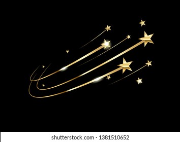 Illustration with yellow stars on black background for concept design. Metal gold background shiny yellow leaf gold texture background. Celebration concept. Space background.